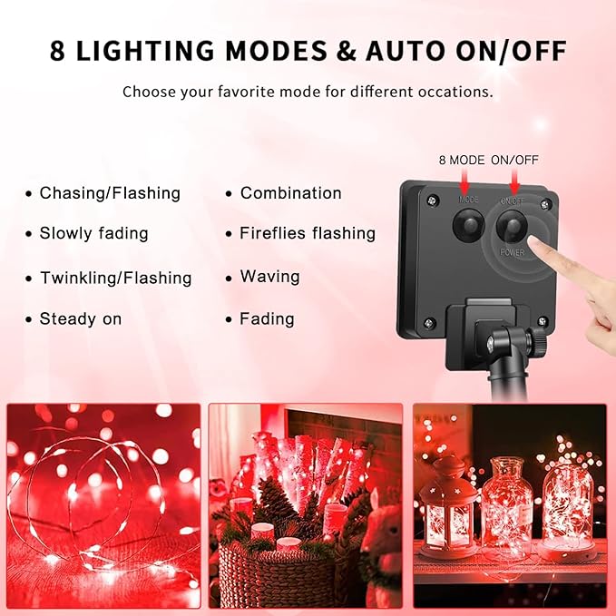 JMEXSUSS 4 Pack 400 LED 132FT Red Solar Fairy Lights Outdoor Waterproof, 8 Modes Copper Wire Solar String Lights for Outside Patio Garden Christmas Decorations