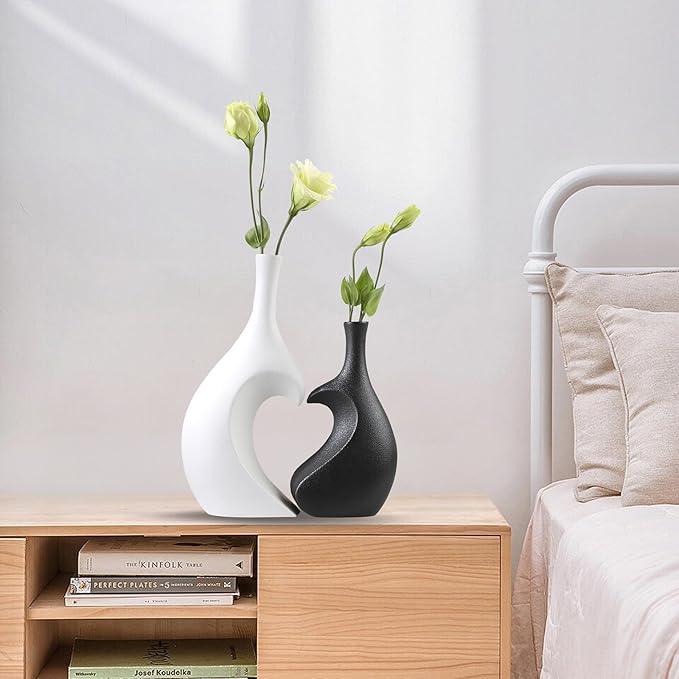 Black Ceramic Vase Set of 2, Heart Shaped vase, Matte Frosted Texture Finish,Farmhouse Decor, Home Decor, Decorative Vase, Vases for Your Bedroom, Office, Living Room, Bathroom (Black)