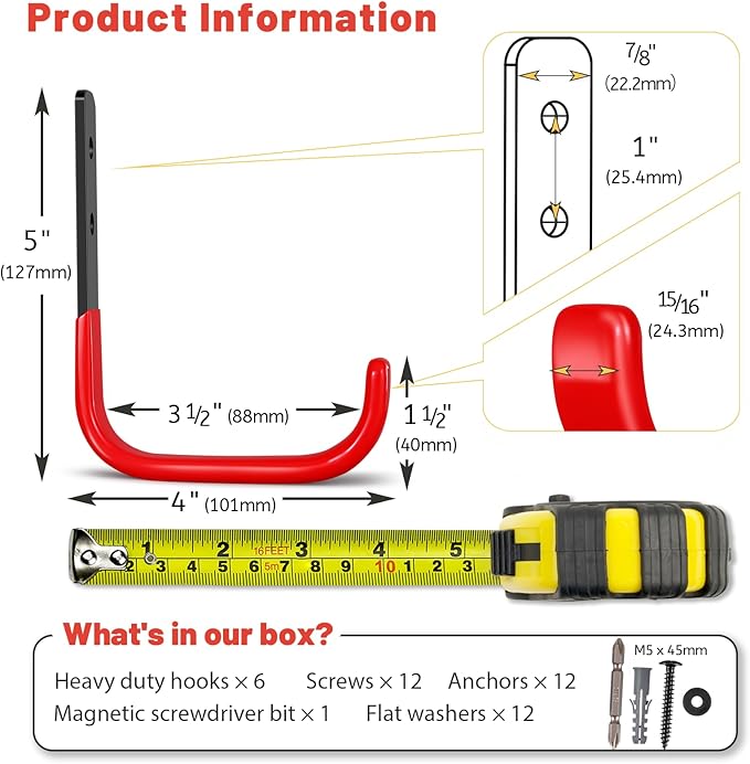 4 Inch Garage Hooks, 6 Pack Heavy Duty Wall Hooks