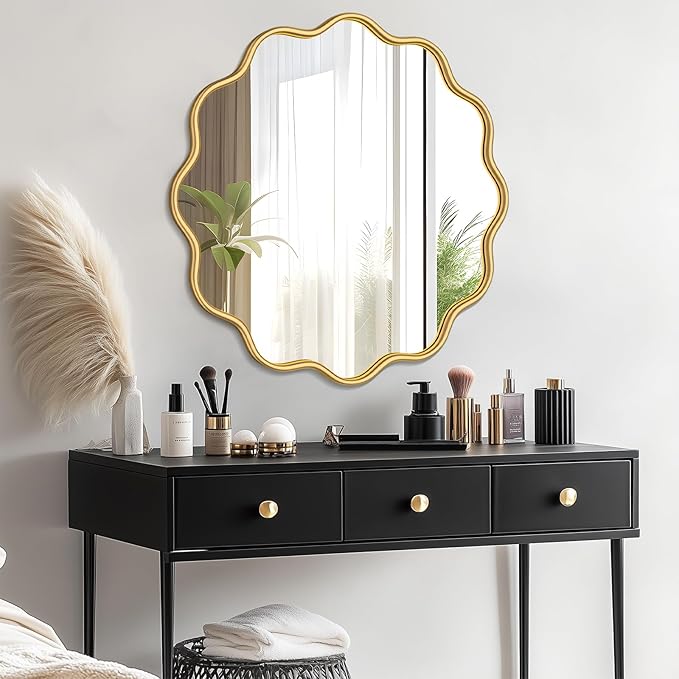 PROHOMEWARE Gold Round Mirror 36 Inch Wavy Bathroom Vanity Mirror Gold Frame Modern Wall Mirror Decorative Wall-Mounte Anti-Rust, Tempered Glass