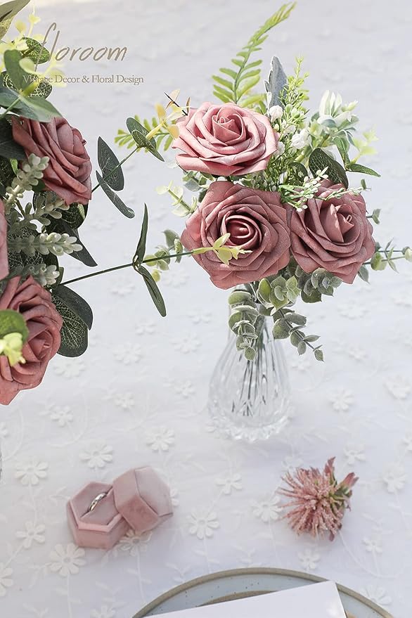 Floroom Artificial Flowers 50pcs Real Looking Dusty Rose Foam Fake Roses with Stems for DIY Wedding Bouquets Bridal Shower Centerpieces Floral Arrangements Party Tables Home Decorations