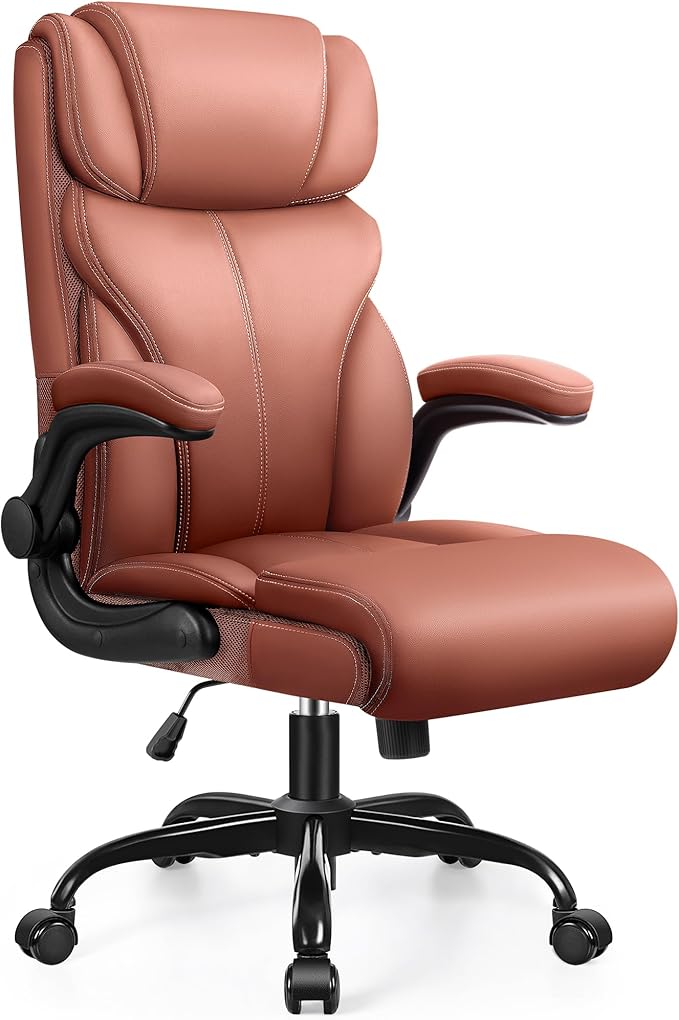 Office Chair, Ergonomic Big and Tall Computer Desk Chairs, Executive Breathable Leather Chair with Adjustable High Back Flip-up Armrests, Lumbar Support Swivel PC Chair with Rocking Function