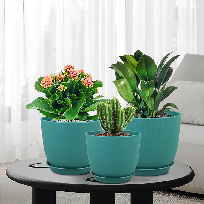 Flower Pots 10/9/8 inch, Set of 3 Modern Decorative Plastic Planters with Drainage Holes and Tray for House Plants Indoor Flowers Plants, Plant Pots for Indoor Outdoor Plants, Blue Green