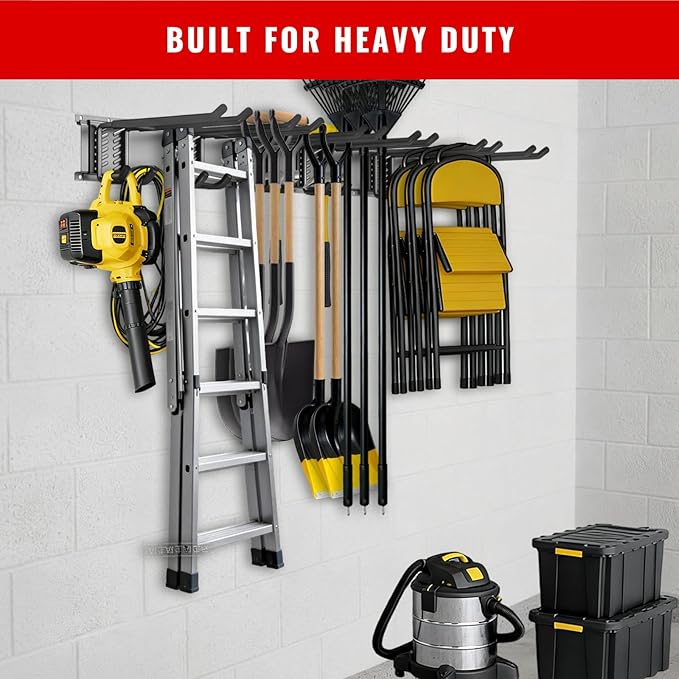 Garage Tool Organizer Wall Mount, Easy to 64inch Install Heavy-Duty Garage Storage System with 11 Adjustable Hooks, Garden Tool Rack for Shovels, Rakes, Yard Tools