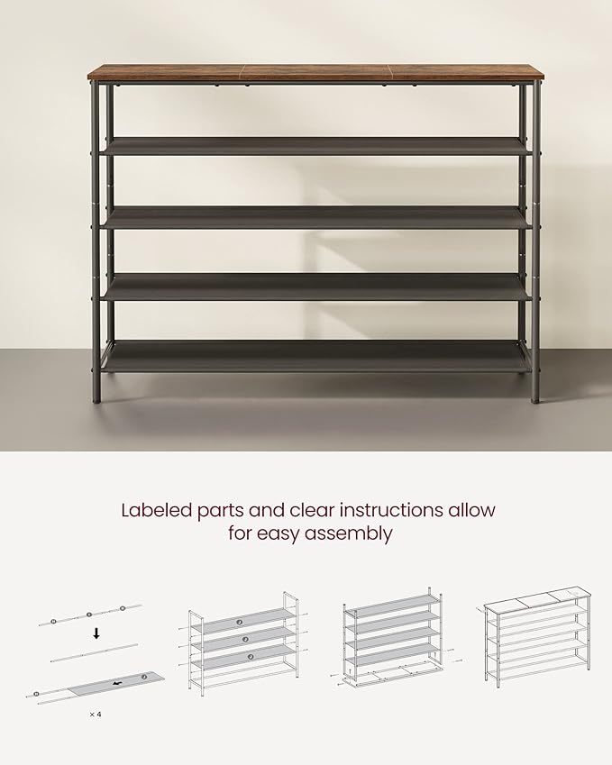 VASAGLE Shoe Rack, 5-Tier Shoe Storage Organizer for Entryway and Closet, Holds 20-24 Pairs of Shoes, 4 Fabric Shelves, Steel Frame, Industrial, Rustic Brown and Black ULBS136B01