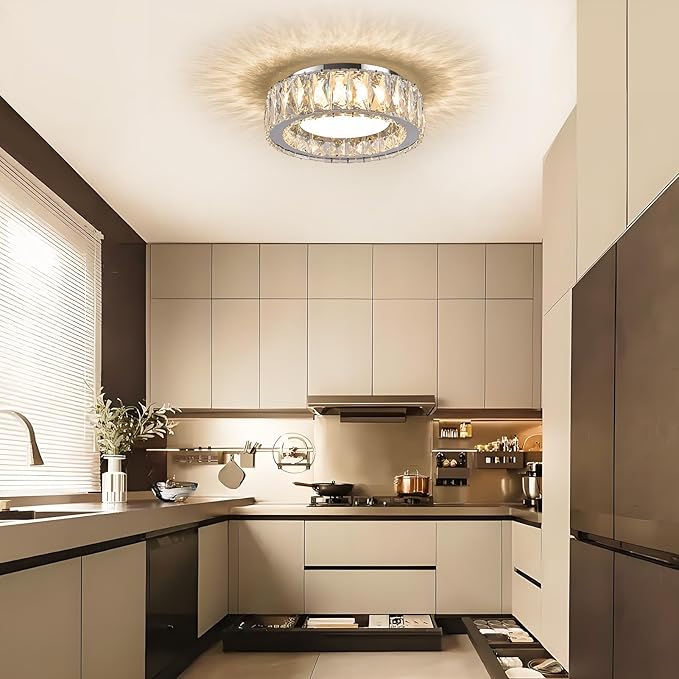 11 Inch Chrome Modern Luxury Crystal Flush Mount Ceiling Light Fixture,5CCT 3000K-6000K 24W,Round Small Dimmable Led Chandelier Hallway Lighting for Entryway,Kitchen,Bedroom,Laundry Room