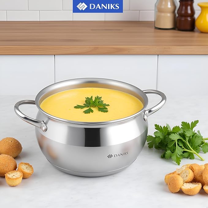Daniks Classic Stainless Steel Stock Pot with Glass Lid – Induction 6 Quart, Dishwasher Safe, Measuring Scale, For Soup, Pasta, Stew, Silver