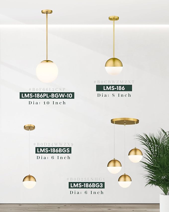 LMS 10 Inch Globe Pendant Lights, Brushed Gold Mid Century Kitchen Island Light Fixtures with White Globe Glass Shade, Adjustable Hanging Rod, Dining Room Kitchen, LMS-186PL-BGW-10