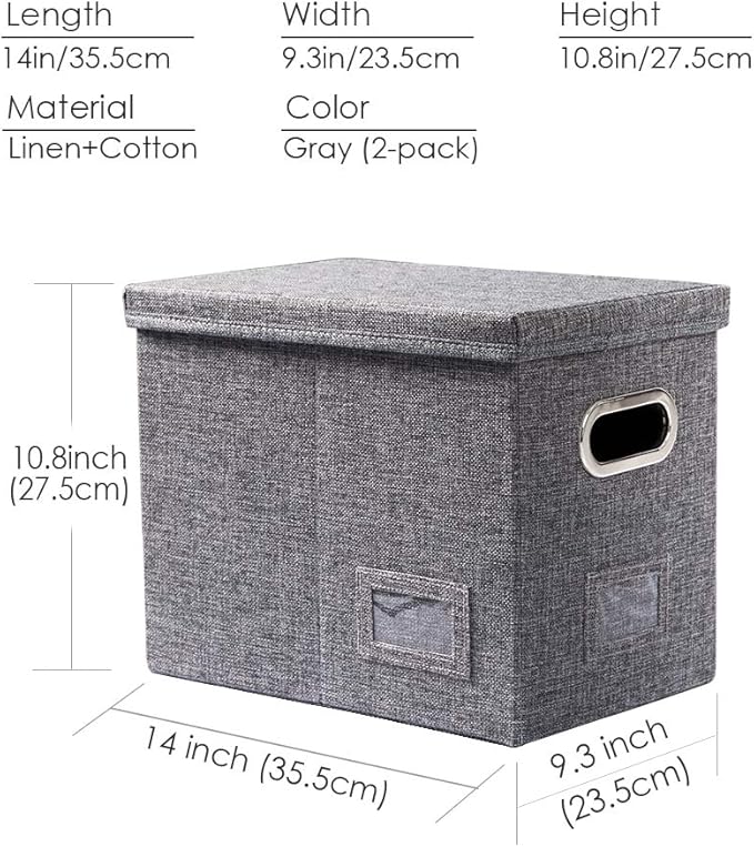 PRANDOM File Organizer Box - Set of 2 Collapsible Decorative Linen Filing Storage Hanging File Folders with Lids Office Cabinet Letter Size Grey (14x9.3x10.8 inch)