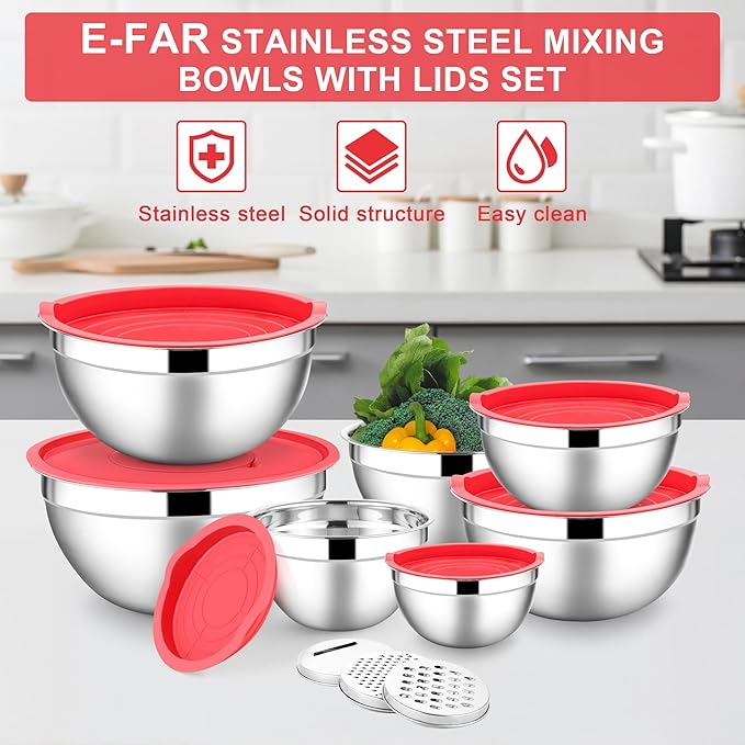 E-far Mixing Bowls with Lids Set, 7-Piece Stainless Steel Mixing Salad Bowls with 3 Grater Attachments, Size 4.6, 3.5, 2.6, 2, 1.5, 1, 0.7QT, Nesting Design & Red Airtight Lids, For Baking/Cooking