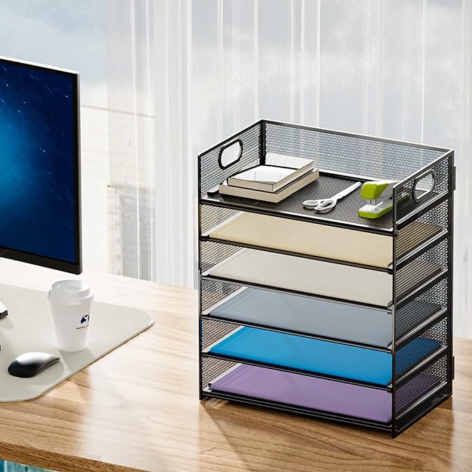 Marbrasse 2 Pack Desk Organizer with Handle, 6 Tier Paper Letter Tray, Mesh Desk File Organizer for Office, School and Home