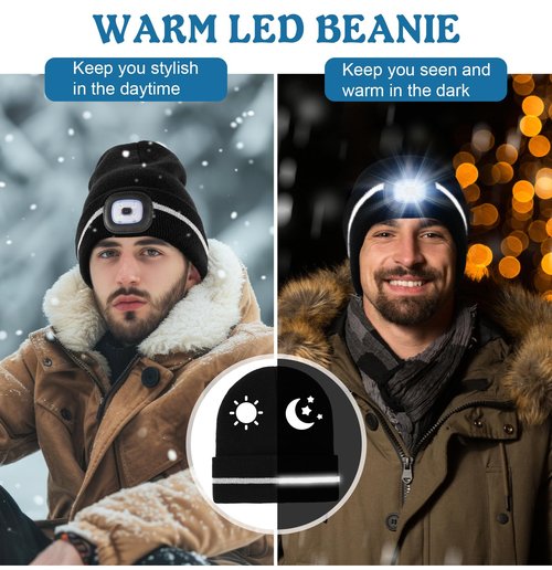 MELASA Reflective Stripe LED Beanie Safety High Visibility Winter Thermal Knitted USB Rechargeable Hat with Light Built in Suitable Outdoor Work Sports Gifts for Men Dad Fluorescent Yellow