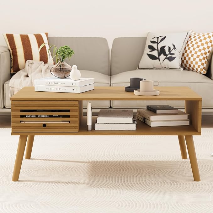 Coffee Table, Mid Century Modern Table with Storage, Living Room Center Table with Slatted Panel Drawer, Fluted Wood Coffee Table with Open Shelf for Living Room, Oak