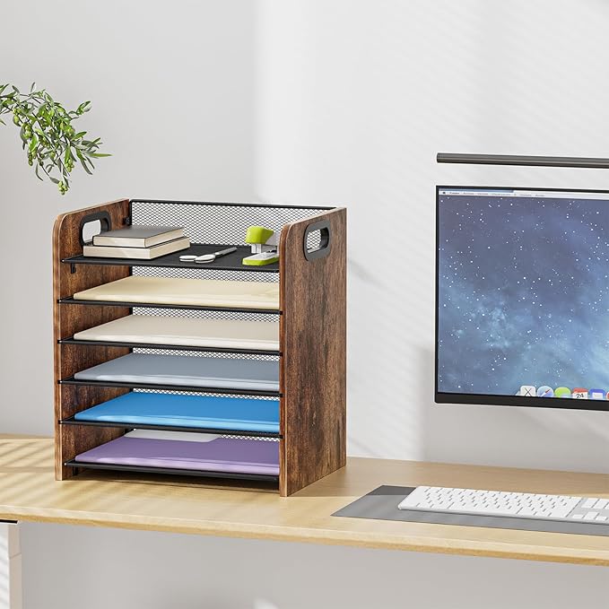 Marbrasse 6 Tier Paper Organizer Letter Tray - Wooden Desk File Organizer with Handle, Paper Sorter Organizer for Letter/A4 Office File Folder Holder