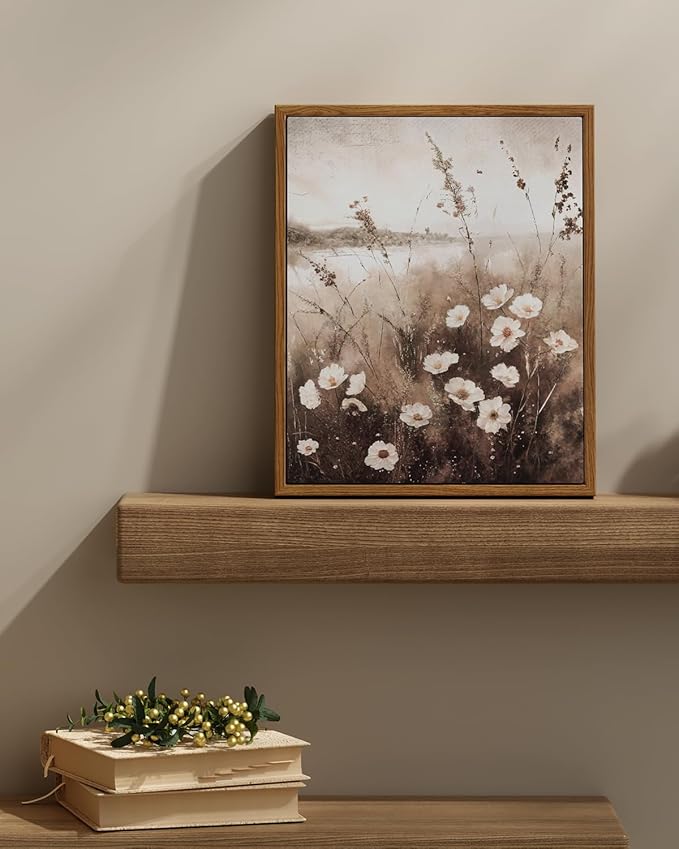InSimSea Framed Wall Art for Living Room Landscape Canvas Wall Decor Meadow with Flowers Vintage Paintings Classical Wildflower Field Scene Boho Floral Pictures Decor for Bathroom Bedroom 11x14in