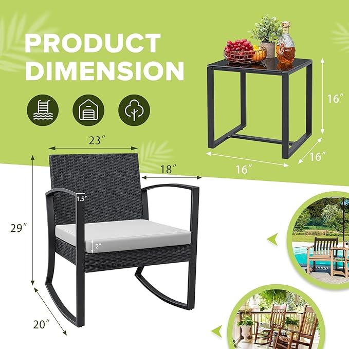 Homall Patio Furniture Set 3 Piece Resin Outdoor Bistro Set Rocking Patio Chairs with Cushions and Table for Porch, Poolside, Balcony and Yard (White)