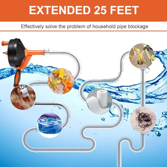 Drain Auger, Clog Remover with Drill Adapter, 25 Feet Flexible Plumbing Snake Use Manually or Powered for Kitchen, Bathroom and Shower Sink, Comes with Gloves (orange)