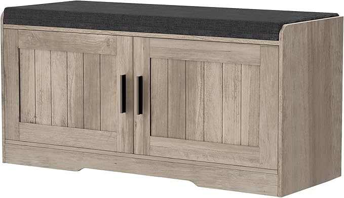 2-Tier Storage Bench, Shoe Bench with Thickened Padded Seat Cushion, Entryway Bench with 2 Doors, Adjustable Shelf, 13.8" D x 37.4" W x 18.5" H, for Entryway, Living Room, Bedroom, Greige