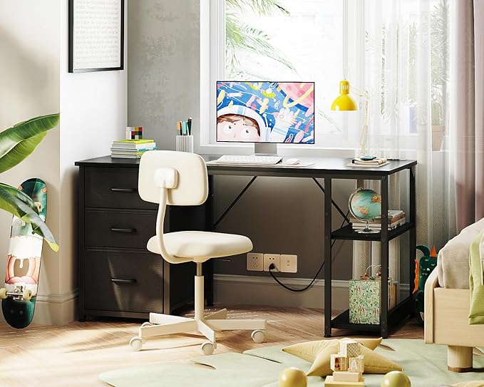AODK 51 Inch Computer Desk with Fabric Drawers & USB Power Outlets, Reversible Home Office Desk with Storage Shelves, Work from Home, Modern Work/Writing/Study Table for Bedroom, Black