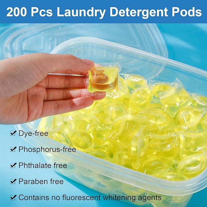 200 Pcs Laundry Detergent Soap Pods Bulk Anti Sensitive Laundry Pods Scented Washing Machine Pacs Packs with Clear Container Stain and Odor Removal, Ultra Concentrated,Plant Ingredient
