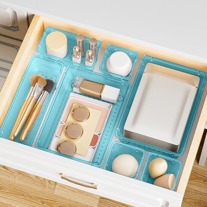 15 PCS Clear Plastic Drawer Organizer Set, 4-Size Acrylic Drawer Storage Trays, Storage Bins for Makeup, Gadgets, and Jewelry in Bathroom, Bedroom and Office, Clear Sea Blue