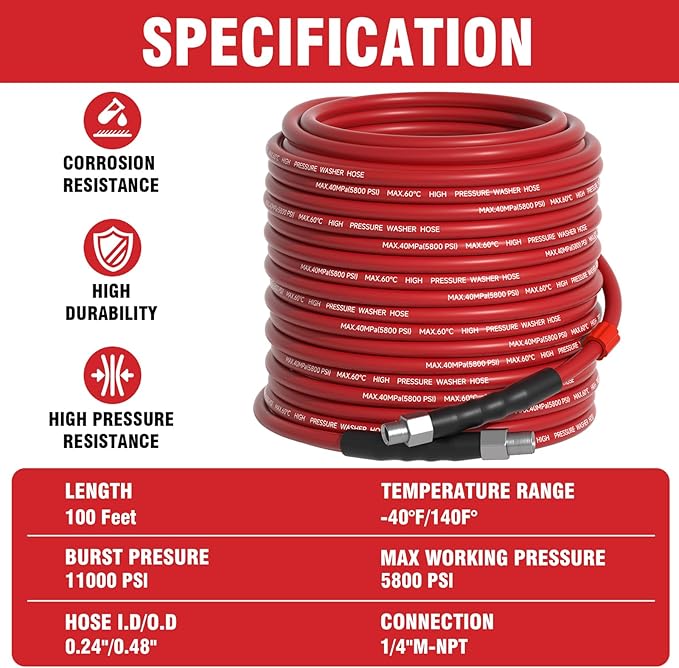 Sewer Jetter Kit 100FT for Pressure Washer, 5800 PSI Drain Cleaner Hose 1/4 Inch NPT with Spray Nozzle, Button Nose and Rotating Sewer Jetting Nozzle, Spanner Teflon Tape Pearl Corsage Pin