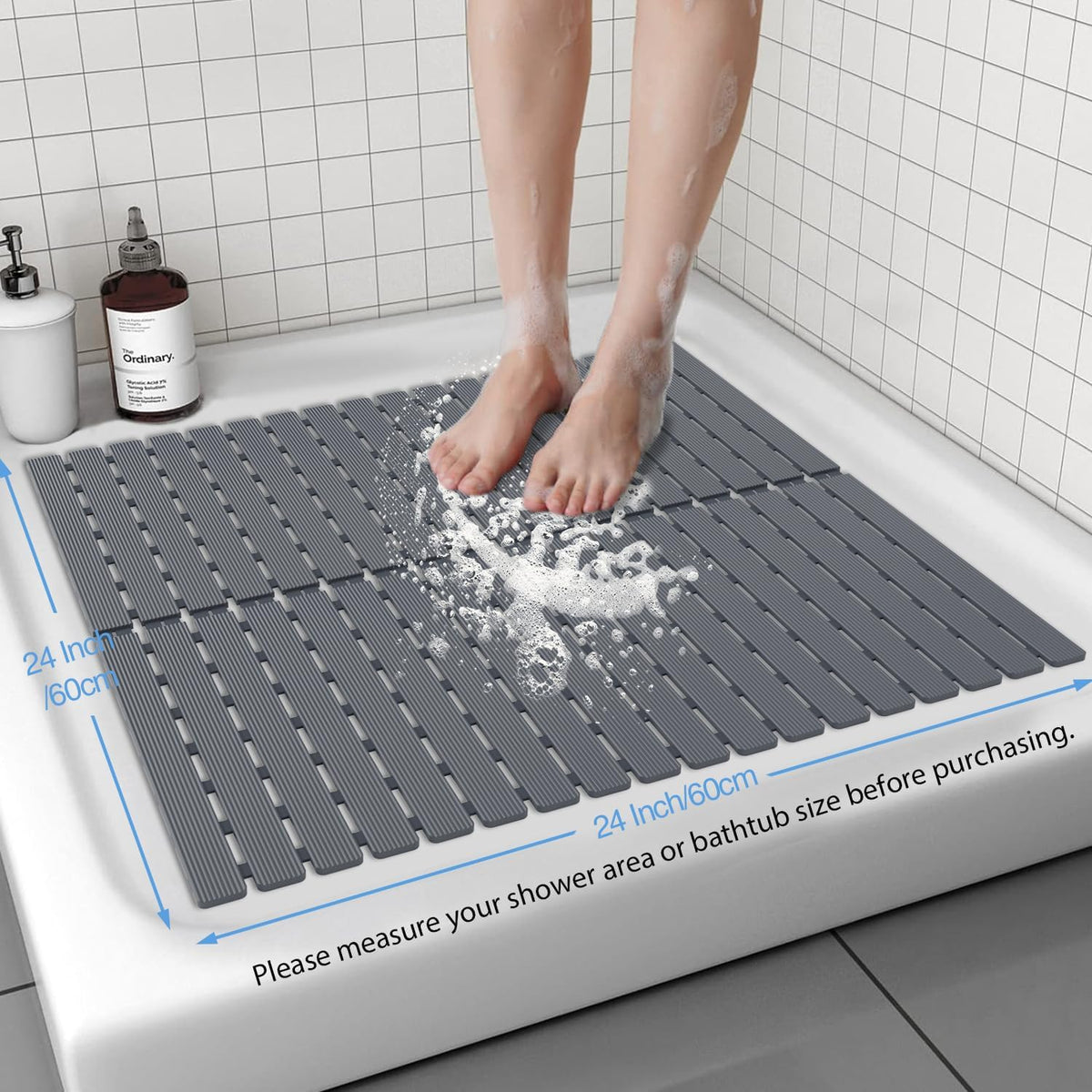 Shower Mat Non-Slip Bath Mat for Tub Floor & Stall with 200+ Suction Cups & Drain Holes, Quick Dry Machine Washable Bathtub Mat, Safe for Elderly& Baby, Bathroom Essentials 24x24 Inch (Light Grey)