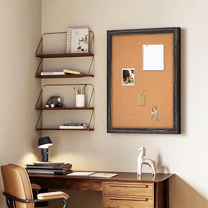 Cork Bulletin Board, Rustic Black Wooden Frame, Hanging Pin Board