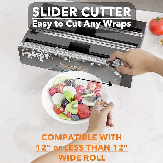 SpaceAid WrapNeat 3 in 1 Wrap Organizer with Cutter and Labels, Plastic Wrap, Aluminum Foil and Wax Bamboo Dispenser for Kitchen Storage Organization Holder for 12" Roll (Black)