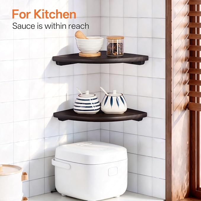 Gieanoo Floating Corner Shelves Set 2 16inch Walnut Solid Oak Rounded Corner