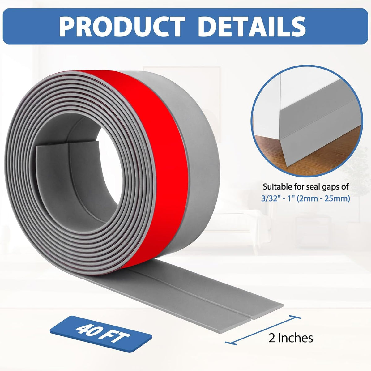 Weather Stripping Door Draft Stopper Flexible Self Adhesive Silicone Door Seal Strip for Glass Doors Windows and Shower Glass Gaps, 2 Inch Wide X 40 Feet Long, Gray