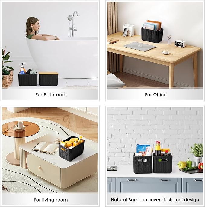 4 Packs Storage Bins with Bamboo Lids - Plastic Storage Containers with Lids Stackable Storage Box: Storages Baskets for Organizing Desktop Closet Playroom Classroom Office, Black