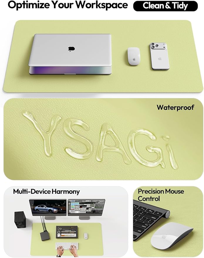 YSAGi Leather Desk Protector, Office Mat, Large Mouse Mat, Non-Slip PU Leather Blotter, Laptop Desk, Waterproof Writing Pad for Office and Home (Peak Green, 35.4" x 17")