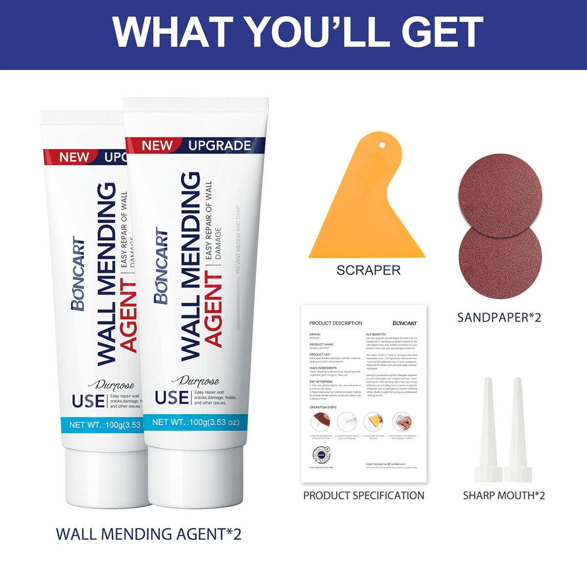Drywall Repair Kit,2 Pack Wall Mending Agent,Wall Spackle with Scraper, Wall Surface Hole Fill Quick and Easy Solution
