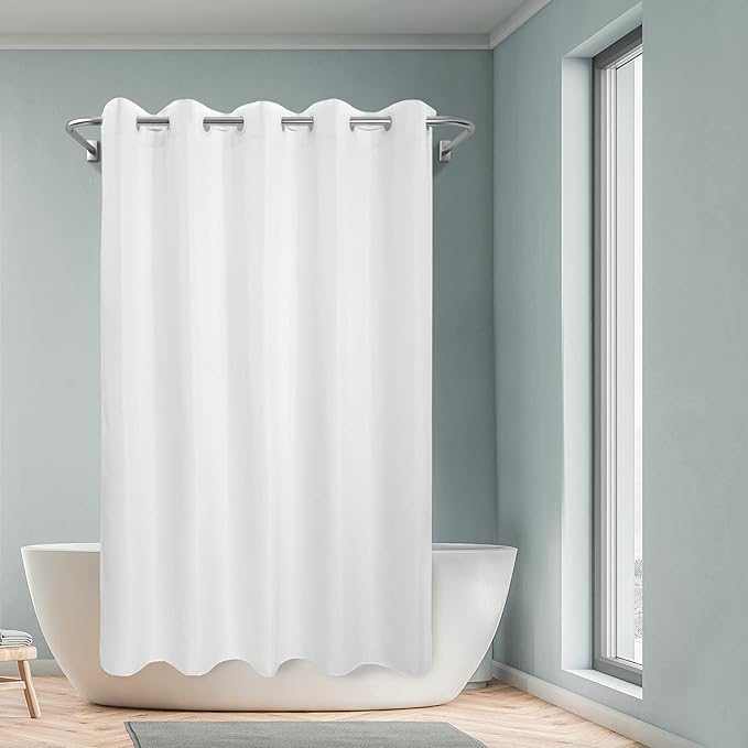 No Hook Long Shower Curtain or Liner Soft Microfiber - 75" Length Fabric Shower Curtain Liner Set, Machine Washable & Water Repellent, White, 71x77