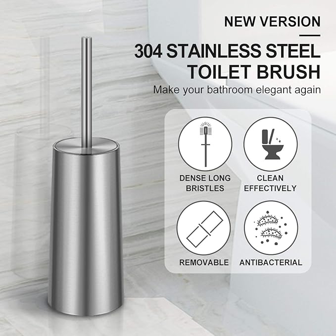 Toilet Brush and Holder, 2 Pack Toilet Brush with 304 Stainless Steel Long Handle, Toilet Bowl Brush for Bathroom Toilet-Ergonomic, Elegant,Durable (Silver)