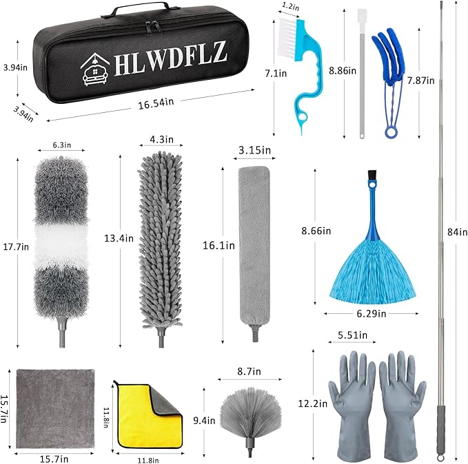 Microfiber Duster Kit 27pcs with 30 to 100 Inches Extension Pole and Wall Cleaner Mop, Washable and Bendable Feather Duster for Cleaning Ceiling Fans, High Ceilings, Cobwebs, Blinds, Grey