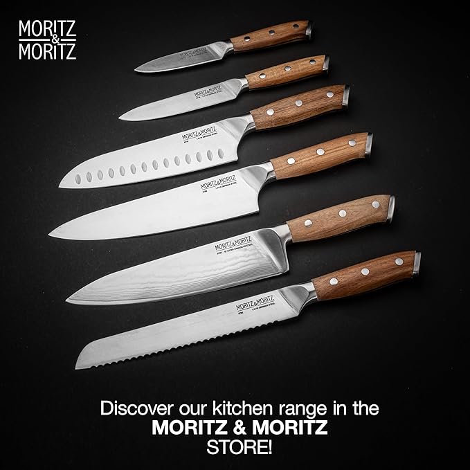 Moritz & Moritz 7-Inch Santoku Knife – Japanese Chef Knife with German Steel Blade, Acacia Wood Handle, Professional Kitchen Knives for Meat, Vegetables, Sushi, Chopping & Slicing
