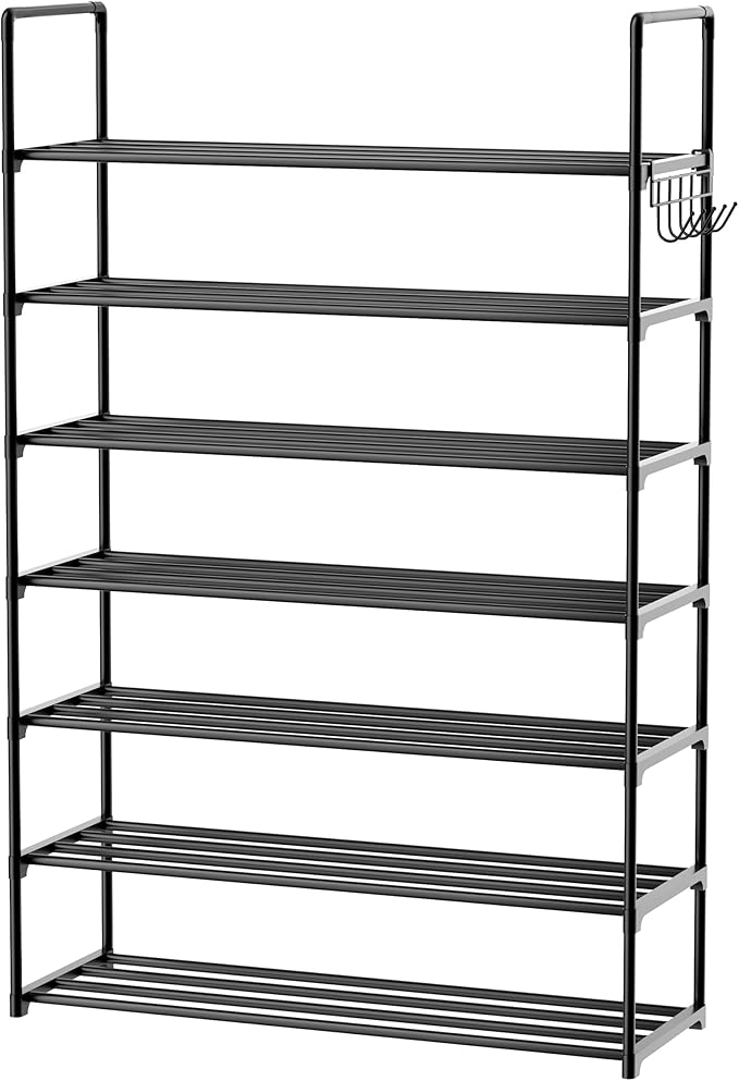Metal Shoe Organizer,7 Tiers Shoe Storage Shoe Rack with Hooks,Fit 28-35 Pairs,Adjustable Shoe Shelf for Entryway,Hallway,Bedroom,Metal Bottom Support