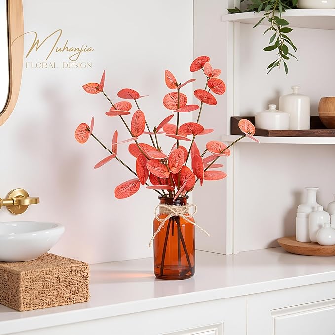 Artificial Eucalyptus Stems in Amber Glass Vase with Faux Water,3Pcs Fake Plant with Double-Sided Orange Leaves for Centerpiece (Double-Sided Orange Eucalyptus)