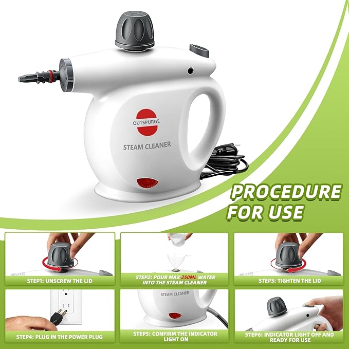 Handheld Steam Cleaner, Pressurized Multi-Surface Steam Shot with 13 Accessories, Safety Lock, Steamer for Cleaning Floor, Upholstery, Grout, Windows, Couch and Car, White