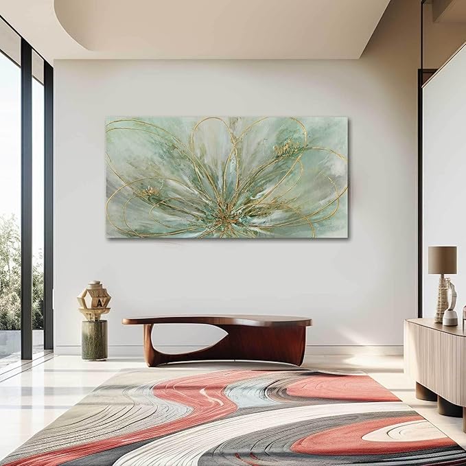 YJYart Abstract Wall Art Green and Gold Hand Painted Oil Painting Blossom Botanical Large Picture for Living Room Bedroom Kitchen Office 30x60 Inch