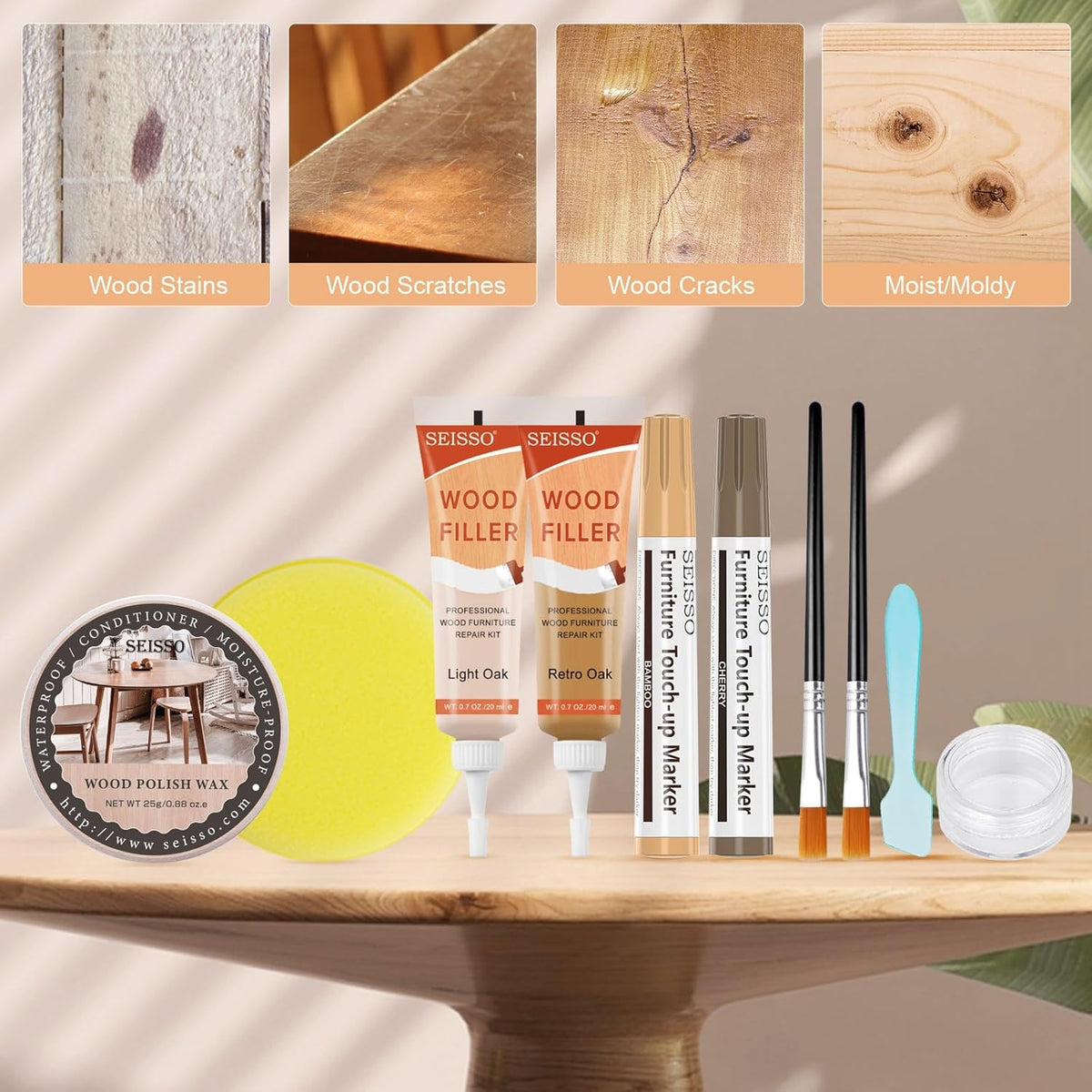 Wood Furniture Repair Kit - 6 Oak Color Wood Fillers with 6 Touch Up Markers and Wood Polish Wax for Wooden Stains, Scratch Repair, Cracks, Perfect for Laminate, Cabinet, Tables, Oak, Walnut