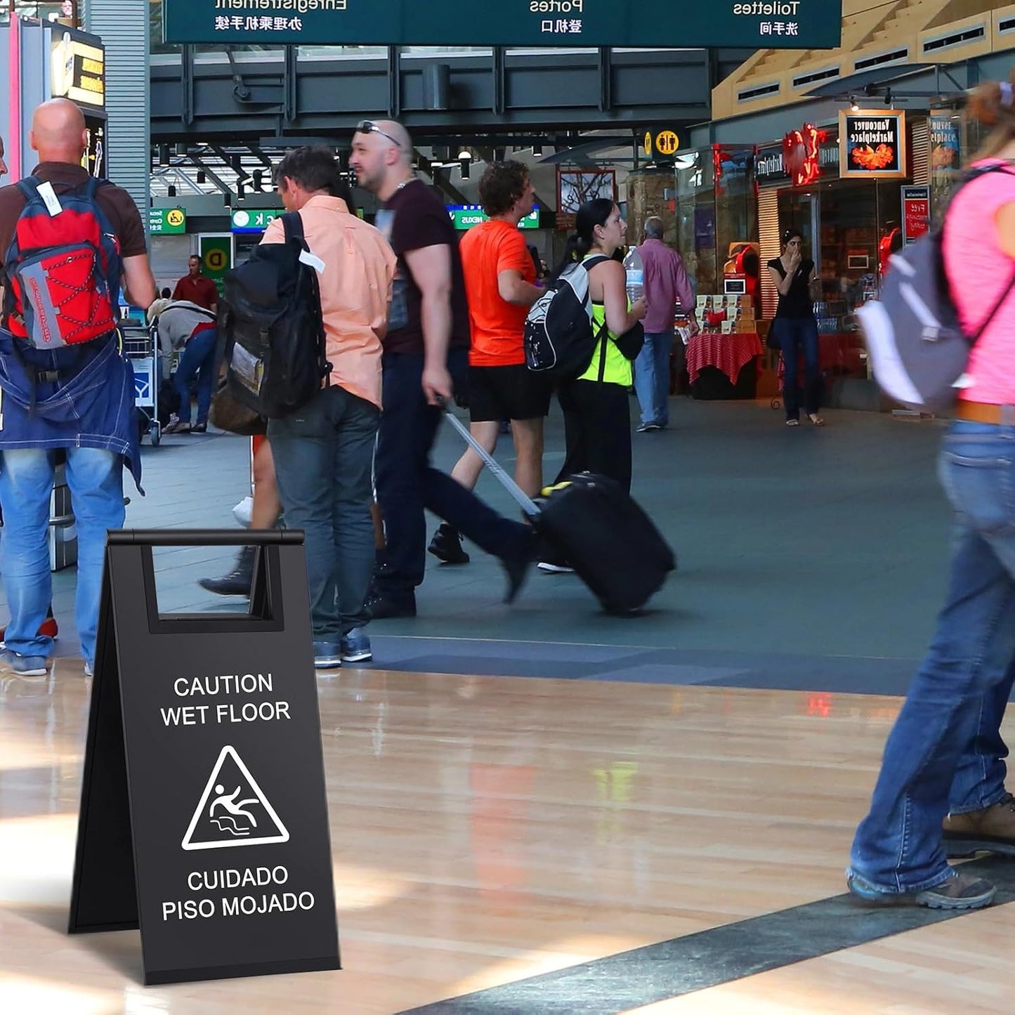 Kigley 2 Pcs Wet Floor Sign, 24 Inch Stainless Steel Caution Wet Floor Sign Double Sided Portable Foldable Bilingual Safety Warning for Hotel Market Restroom Restaurant Office (Black)