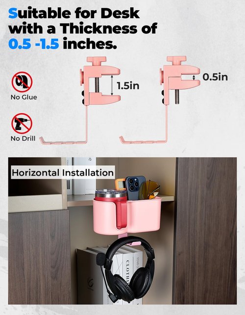 KEMIMOTO Desk Cup Holder with Headphone Hanger, 2 in 1 Caddy Organizer for Office Table, Lawn Chair, Golf Cart, Pontoon Boat, Fit for Most 18-32 oz Bottles