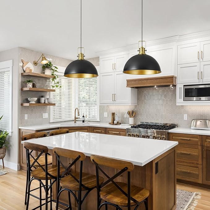 18 Inch Black Farmhouse Pendant Lights for Kitchen Island Industrial Haning Lamp Adjustable Height Vintage Dome Hanging Light Fixtures for Barn, Dining Room