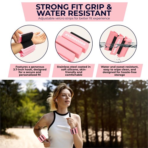 Evergoods Wrist and Ankle Weights for Women and Men, Set of 2 (1lb Each) Wrist Weights with Sweatband, Adjustable Strap Leg Weights Perfect for Yoga, Pilates, Dance, Pool Workouts, and Jogging (Light Pink)