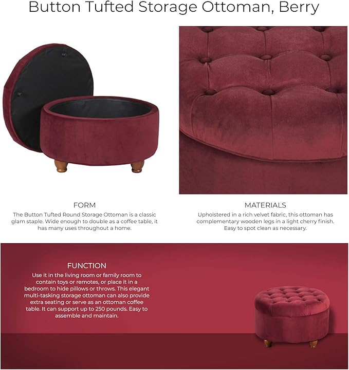 Homepop Home Decor |N8264-B119 | Large Button Tufted Velvet Round Storage Ottoman | Ottoman with Storage for Living Room & Bedroom, Berry
