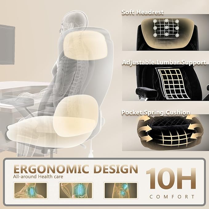 650LBS Fabric Heavy Duty Office Chair with 5D Flip Arms,Comfy Big and Tall Executive Office Desk Chair with Pocket Spring Cushion,High Back Computer Chair with Lumbar Support,Dual Rubber Wheel