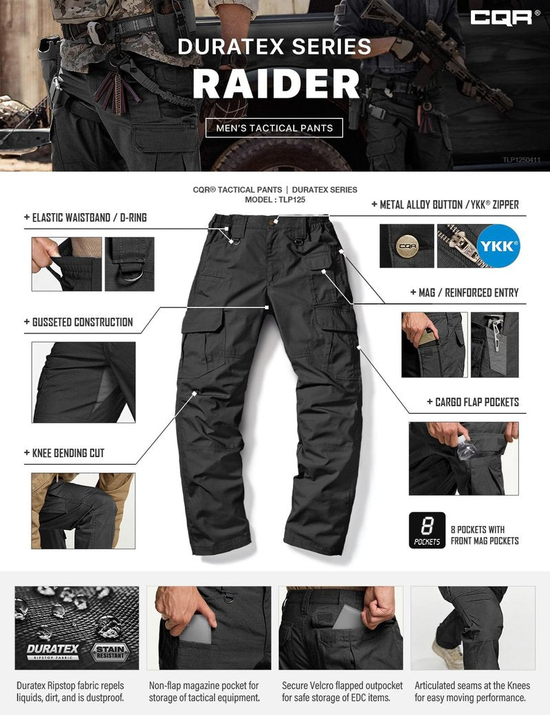 CQR Men's Tactical Pants, Water Resistant Ripstop Cargo Pants, Lightweight EDC Work Hiking, Outdoor Apparel, Duratex Mag Pocket Black, 34W x 30L